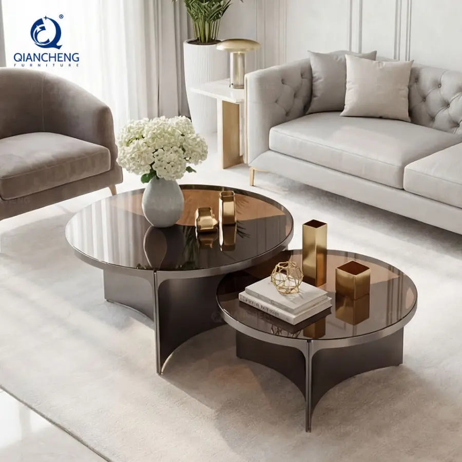 OEM Modern Luxury Sofa Table Black Stainless Steel Plated Brown Color Tempered Glass Nesting Round Coffee Table Set — view 1