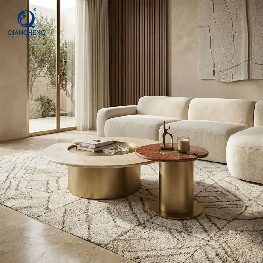 Luxury Center Table Set Modern Living Room Furniture Round Natural Travertine Top Stainless Steel Coffee Table for Home Hotel — image 3