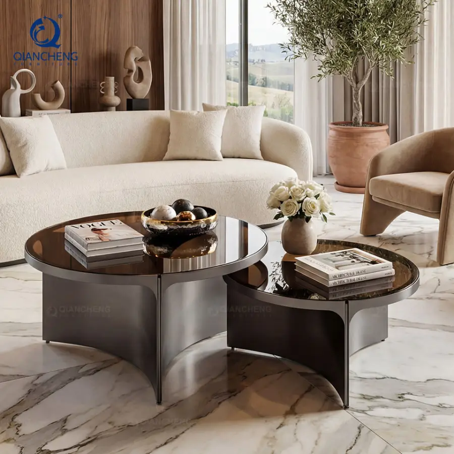 OEM Modern Luxury Sofa Table Black Stainless Steel Plated Brown Color Tempered Glass Nesting Round Coffee Table Set — image 3