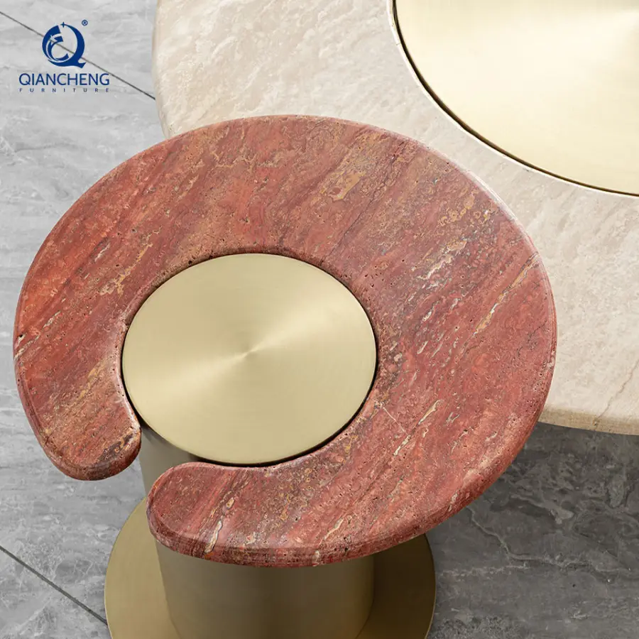 Luxury Center Table Set Modern Living Room Furniture Round Natural Travertine Top Stainless Steel Coffee Table for Home Hotel — image 4