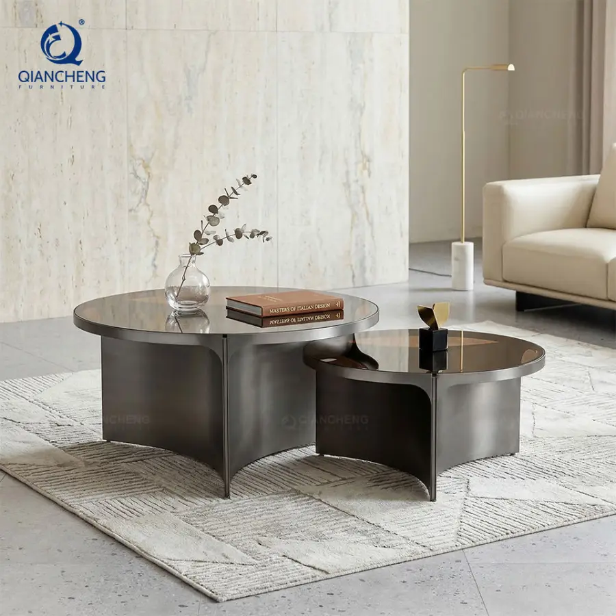 OEM Modern Luxury Sofa Table Black Stainless Steel Plated Brown Color Tempered Glass Nesting Round Coffee Table Set — image 4