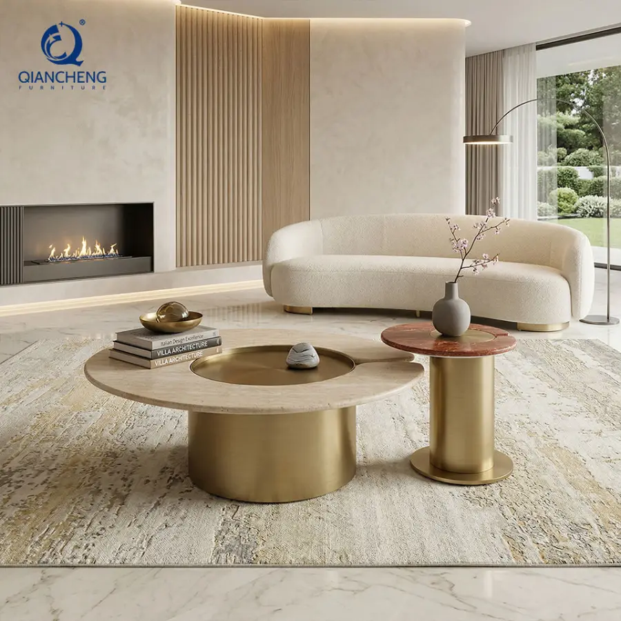 Luxury Center Table Set Modern Living Room Furniture Round Natural Travertine Top Stainless Steel Coffee Table for Home Hotel — image 5