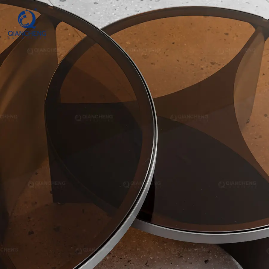 OEM Modern Luxury Sofa Table Black Stainless Steel Plated Brown Color Tempered Glass Nesting Round Coffee Table Set — image 5