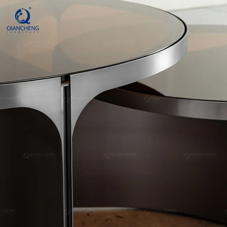 OEM Modern Luxury Sofa Table Black Stainless Steel Plated Brown Color Tempered Glass Nesting Round Coffee Table Set — image 6