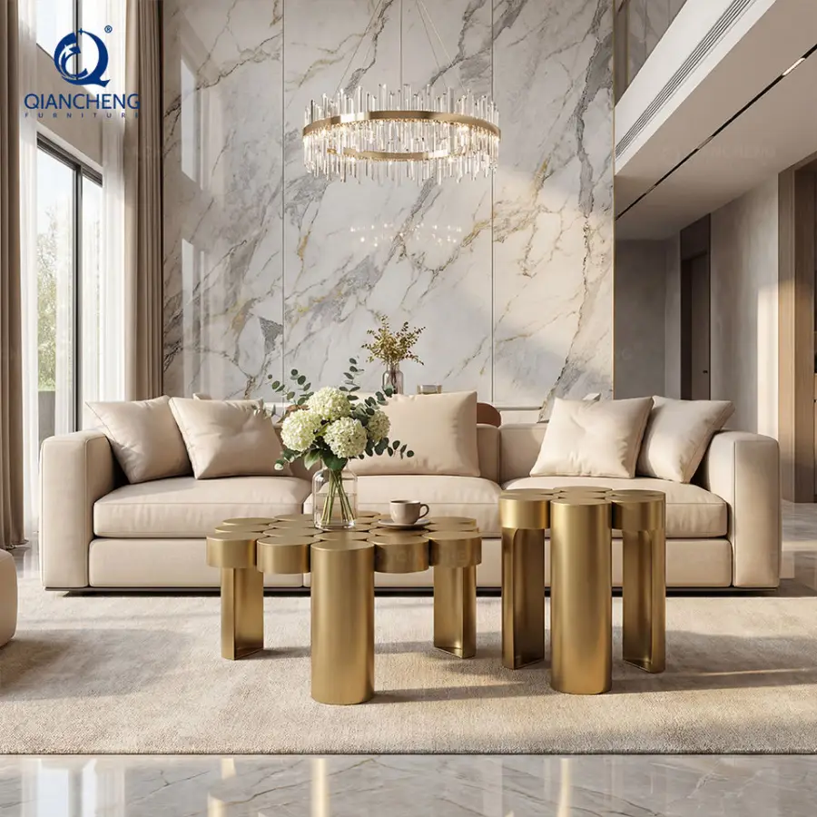 Wholesale Luxury Simple Stainless Steel Unique Design Center Coffee Table with Welded by Metal Cylinders for Villa Hotel Decor — image 3
