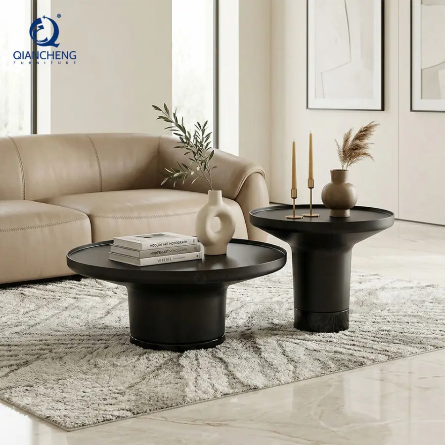 Chinese Manufacturer Factory Price Wholesale Furniture Living Room 2 in 1 Round Black Metal Coffee Corner Sofa Tea Table — view 1