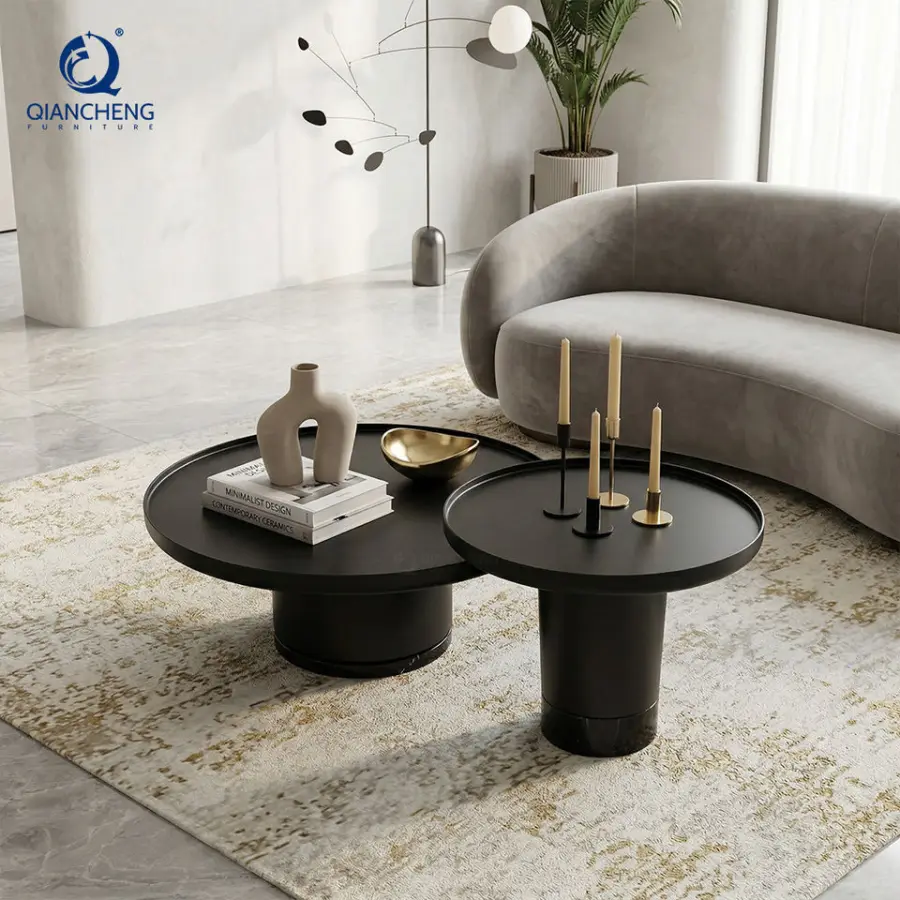 Chinese Manufacturer Factory Price Wholesale Furniture Living Room 2 in 1 Round Black Metal Coffee Corner Sofa Tea Table — view 2