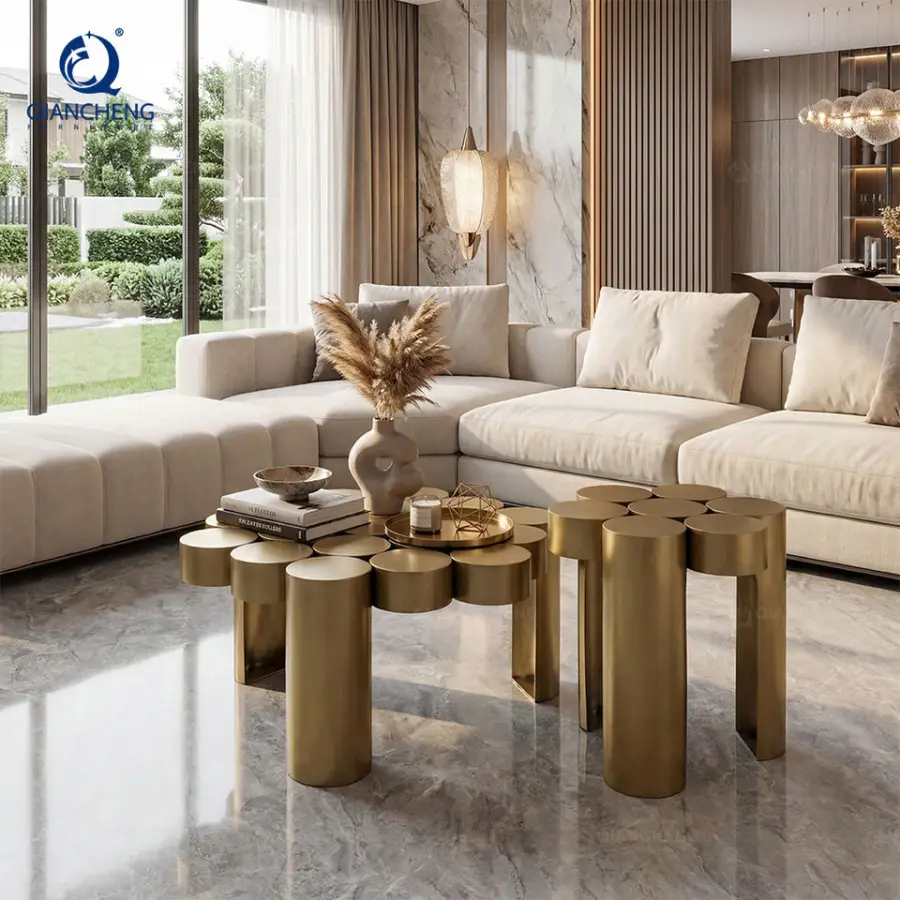 Wholesale Luxury Simple Stainless Steel Unique Design Center Coffee Table with Welded by Metal Cylinders for Villa Hotel Decor — image 5