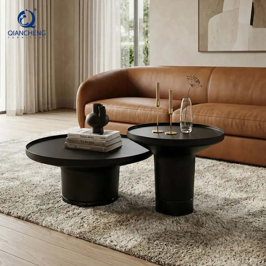 Chinese Manufacturer Factory Price Wholesale Furniture Living Room 2 in 1 Round Black Metal Coffee Corner Sofa Tea Table — view 3