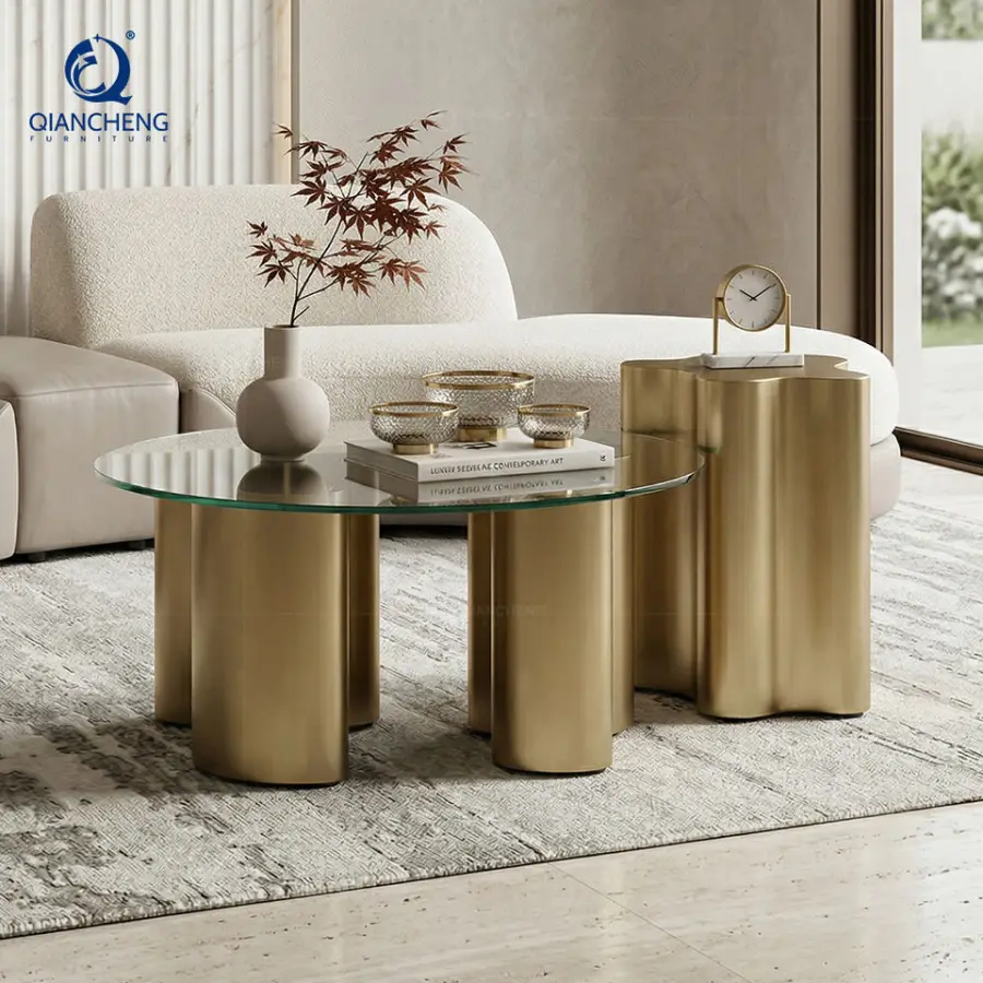 2026 Hot Sale Luxury Italian Design Wavy Gold Metal Base Tempered Glass Round Coffee Table Irregular Shape Side Table Set — image 3