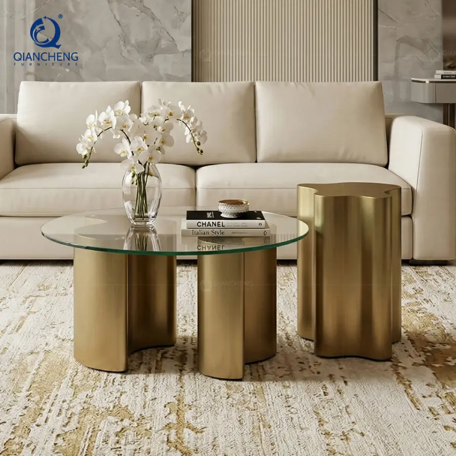 2026 Hot Sale Luxury Italian Design Wavy Gold Metal Base Tempered Glass Round Coffee Table Irregular Shape Side Table Set — image 5