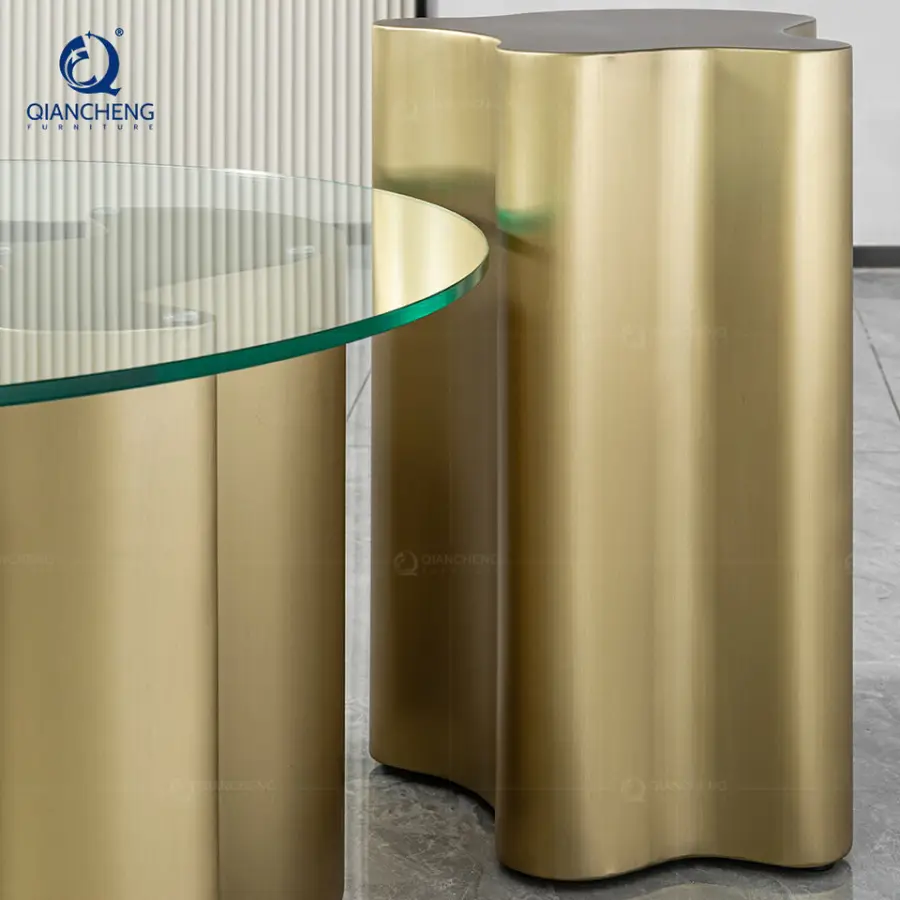 2026 Hot Sale Luxury Italian Design Wavy Gold Metal Base Tempered Glass Round Coffee Table Irregular Shape Side Table Set — image 6