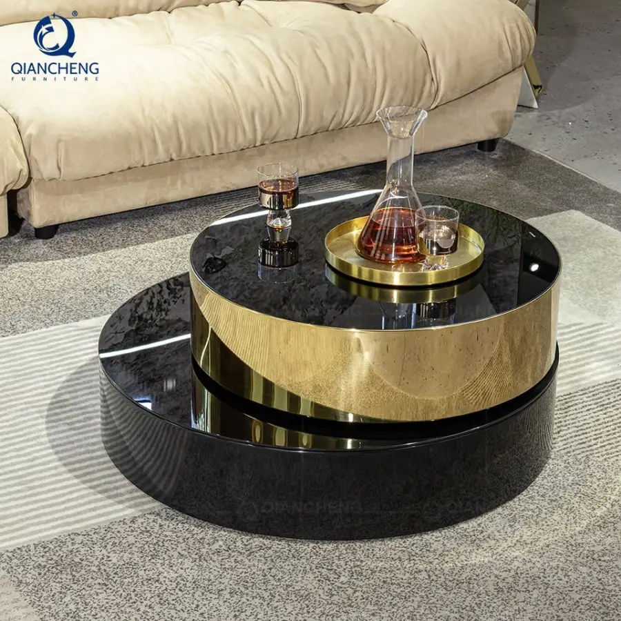 QIANCHENG French Contemporary Coffee Table Multifunction Mirror Sitting Room Black Gold Tempering Glass Top Smart Coffee Table — image 3