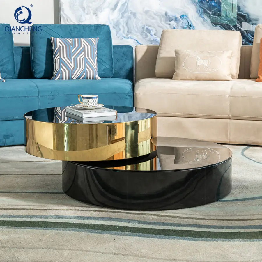 QIANCHENG French Contemporary Coffee Table Multifunction Mirror Sitting Room Black Gold Tempering Glass Top Smart Coffee Table — image 4
