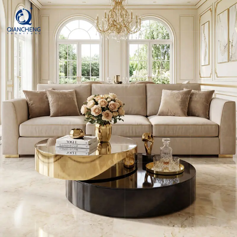 QIANCHENG French Contemporary Coffee Table Multifunction Mirror Sitting Room Black Gold Tempering Glass Top Smart Coffee Table — image 5