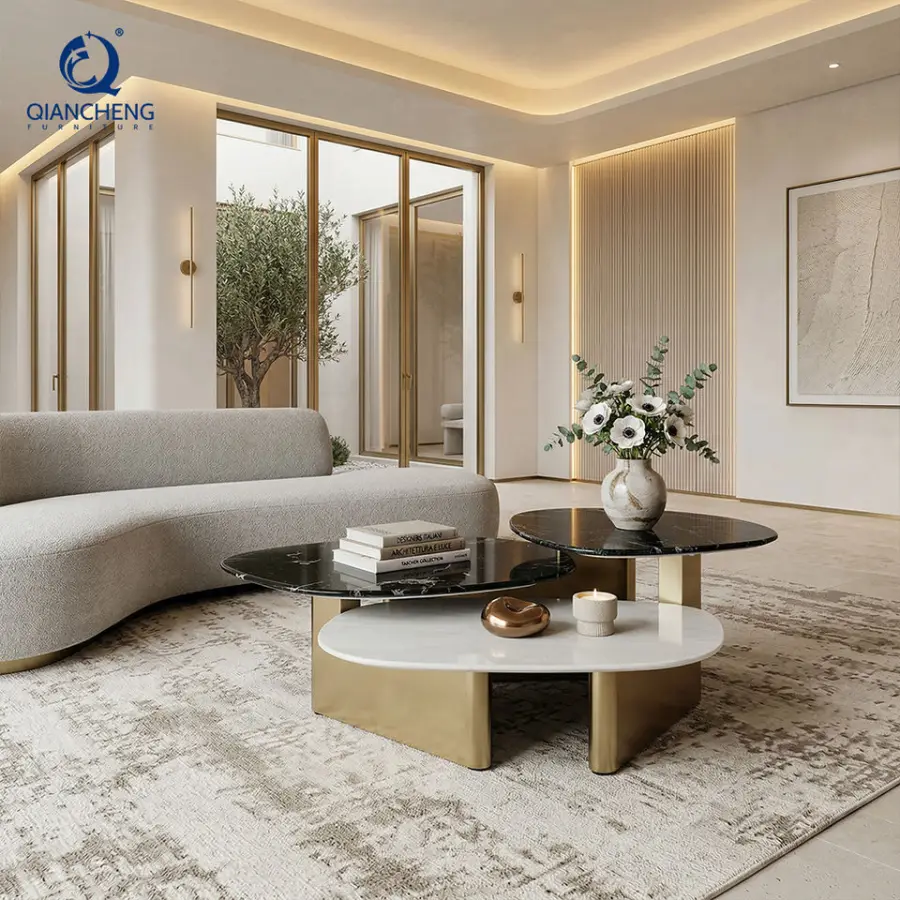 China Manufacturer Italian Modern Luxury Living Room Furniture High and Low Combination Stainless Steel Marble Coffee Table Set — image 3