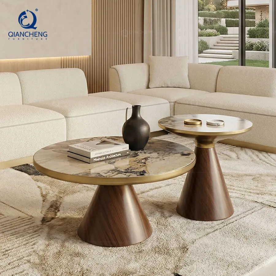 New Trending Modern Luxury Round Sintered Stone Coffee Table Metal with Wood Grain Pattern Base Nesting Center Table — view 1