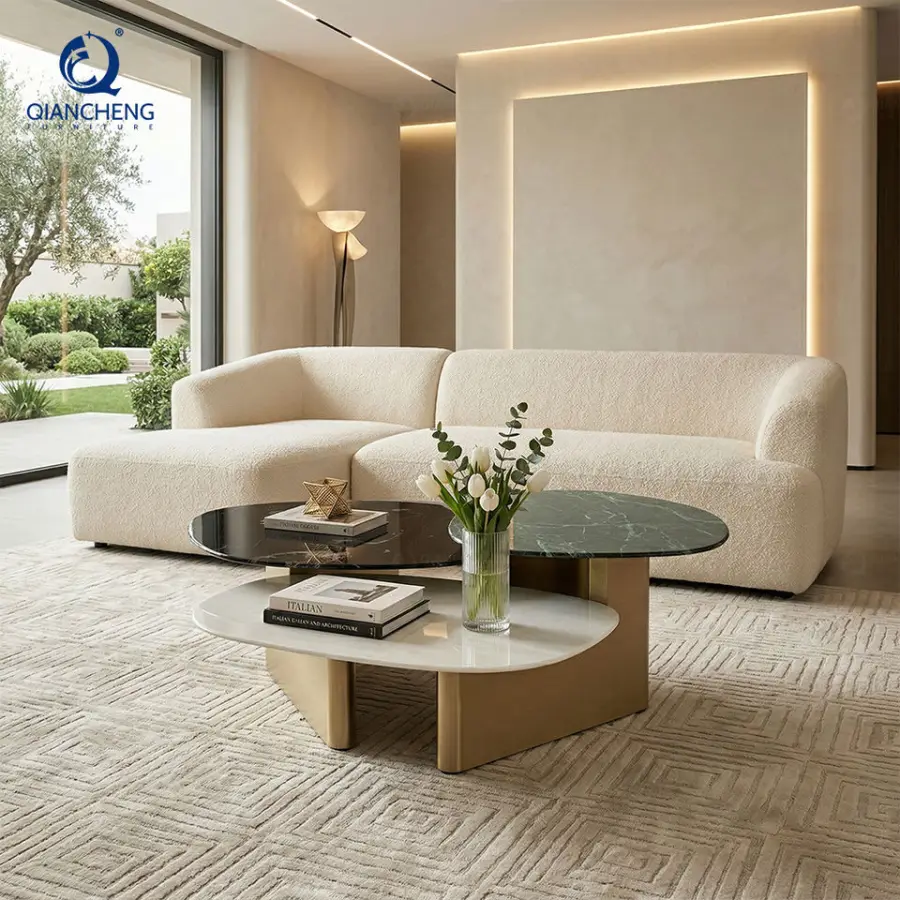 China Manufacturer Italian Modern Luxury Living Room Furniture High and Low Combination Stainless Steel Marble Coffee Table Set — image 4