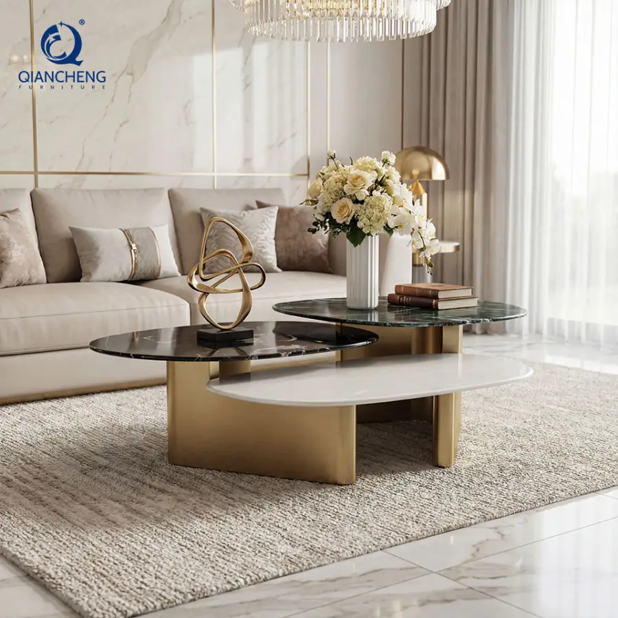 China Manufacturer Italian Modern Luxury Living Room Furniture High and Low Combination Stainless Steel Marble Coffee Table Set — image 5