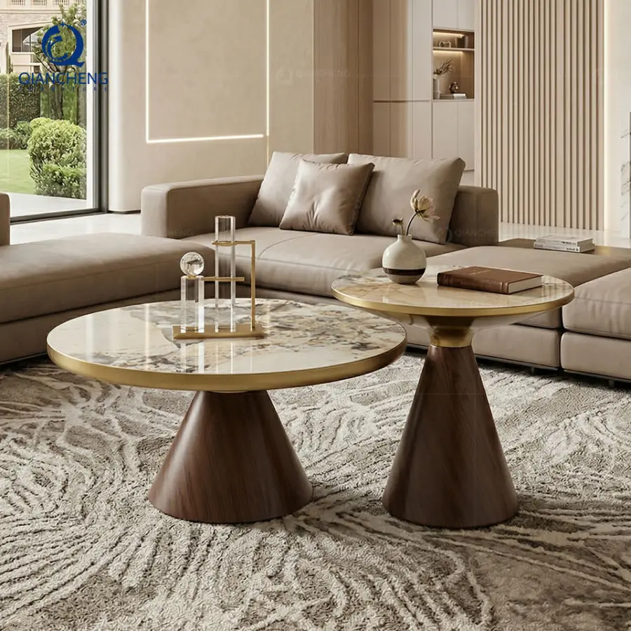 New Trending Modern Luxury Round Sintered Stone Coffee Table Metal with Wood Grain Pattern Base Nesting Center Table — image 3