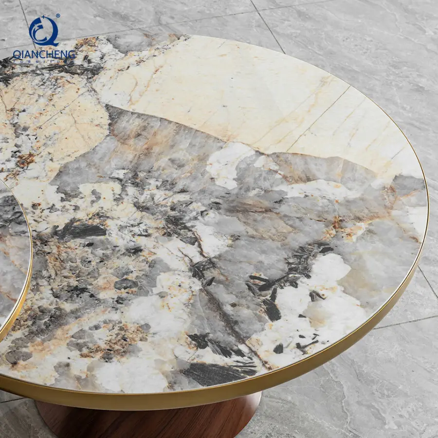 New Trending Modern Luxury Round Sintered Stone Coffee Table Metal with Wood Grain Pattern Base Nesting Center Table — image 4