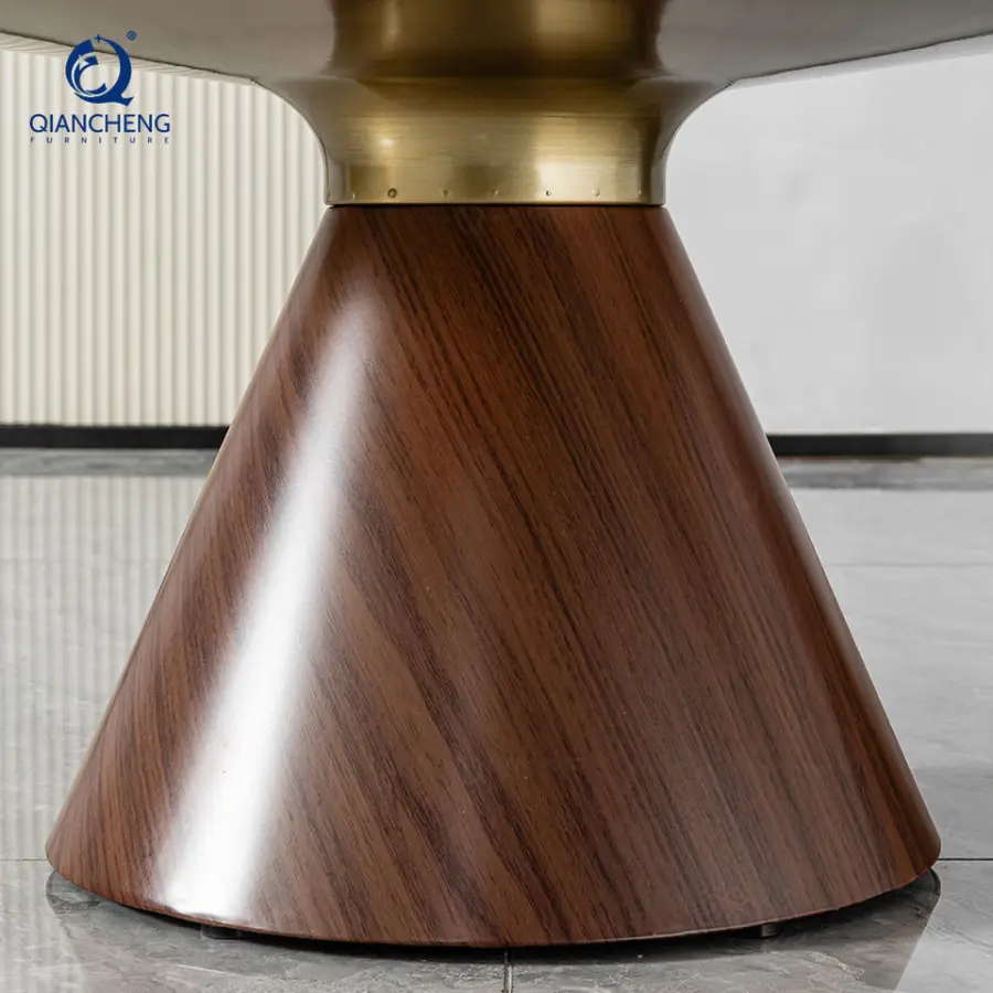 New Trending Modern Luxury Round Sintered Stone Coffee Table Metal with Wood Grain Pattern Base Nesting Center Table — image 5