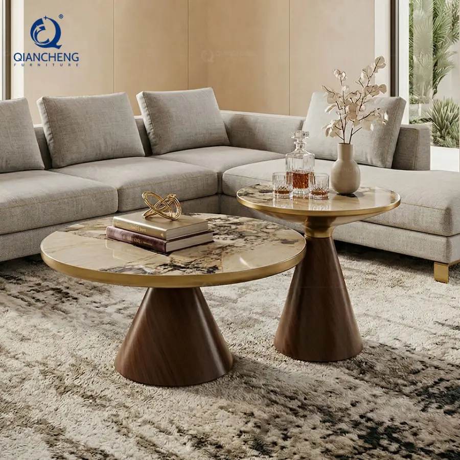New Trending Modern Luxury Round Sintered Stone Coffee Table Metal with Wood Grain Pattern Base Nesting Center Table — image 6