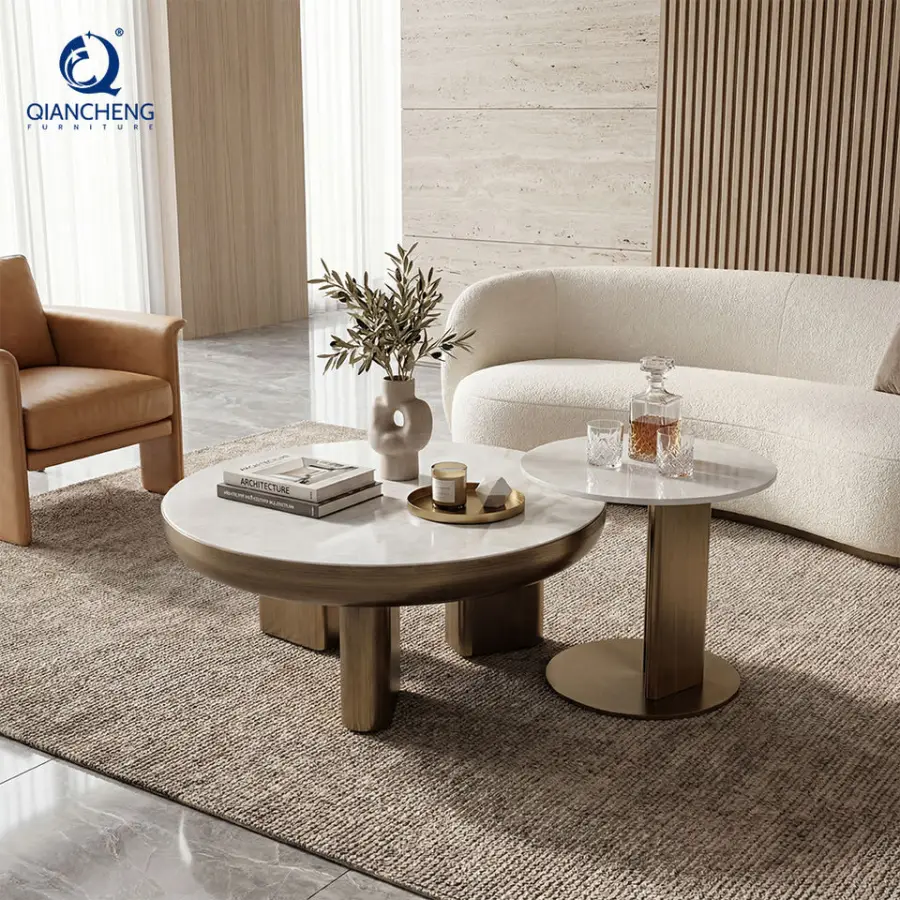 New Designed Rock Plate Ceramic Top Luxury Round Nesting Coffee Table Set With Metal Frame End Table for Living Room Fur — view 1