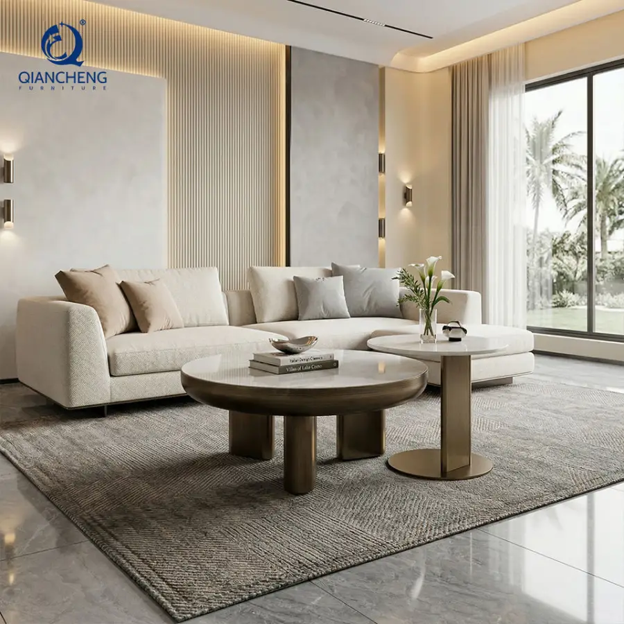 New Designed Rock Plate Ceramic Top Luxury Round Nesting Coffee Table Set With Metal Frame End Table for Living Room Furniture — image 3
