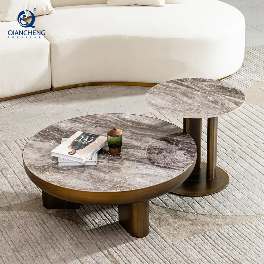 New Designed Rock Plate Ceramic Top Luxury Round Nesting Coffee Table Set With Metal Frame End Table for Living Room Furniture — image 4