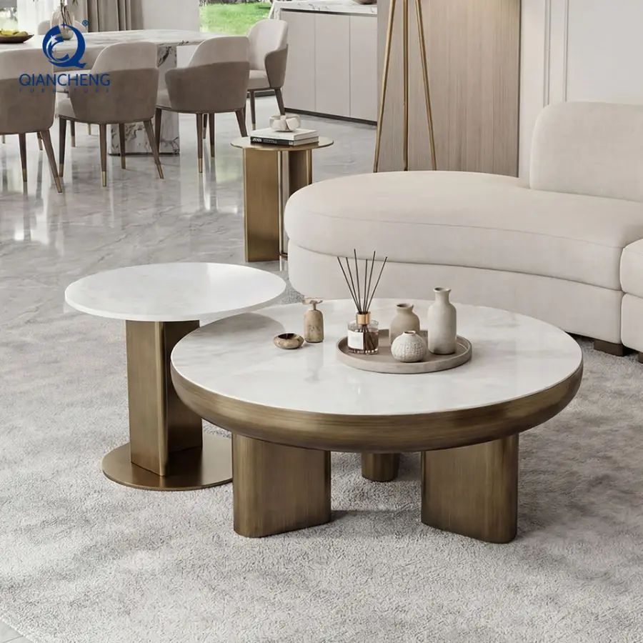 New Designed Rock Plate Ceramic Top Luxury Round Nesting Coffee Table Set With Metal Frame End Table for Living Room Furniture — image 5