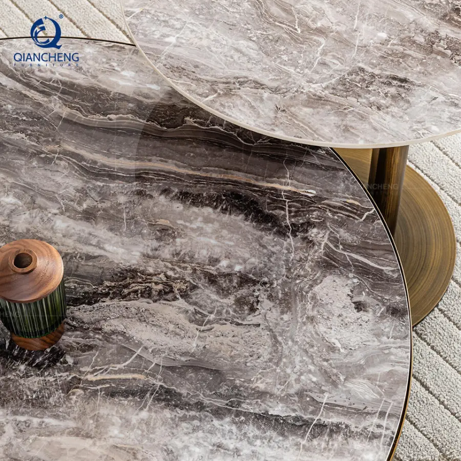 New Designed Rock Plate Ceramic Top Luxury Round Nesting Coffee Table Set With Metal Frame End Table for Living Room Furniture — image 6