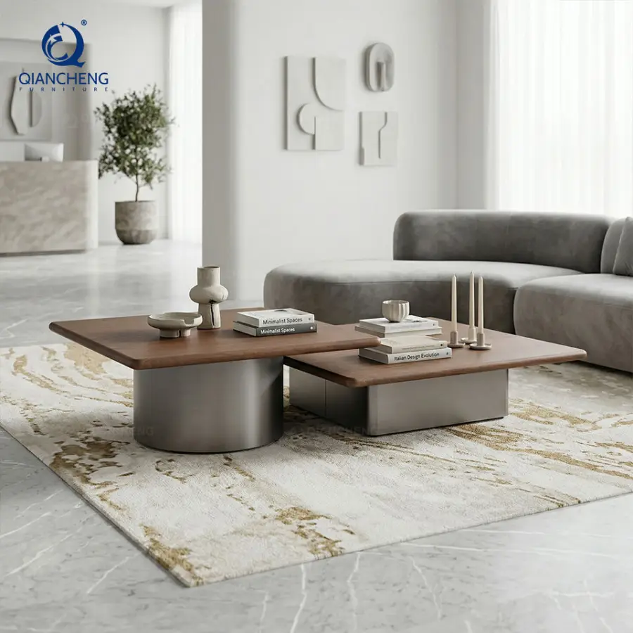 Italian Quiet Luxury Floating Coffee Table Modern Square Walnut Wood Veneer Metal Base Center Table for Living Room Furniture — image 3