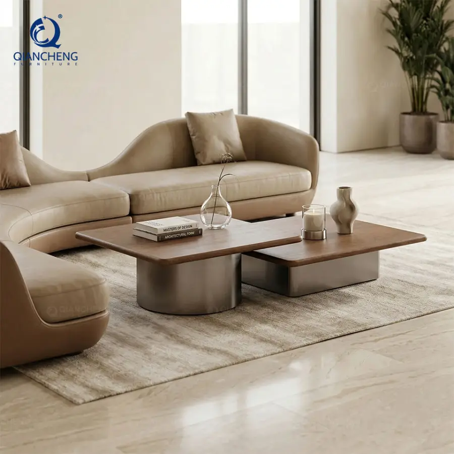 Italian Quiet Luxury Floating Coffee Table Modern Square Walnut Wood Veneer Metal Base Center Table for Living Room Furniture — image 4