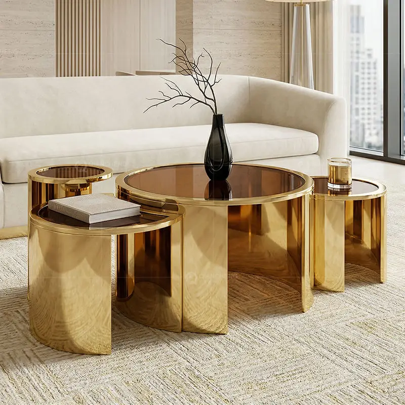 QIANCHENG Stainless Steel Living Room Furniture Supplier Gold Round Nesting Tables Modern Luxury clear Glass Top Coffee — view 1