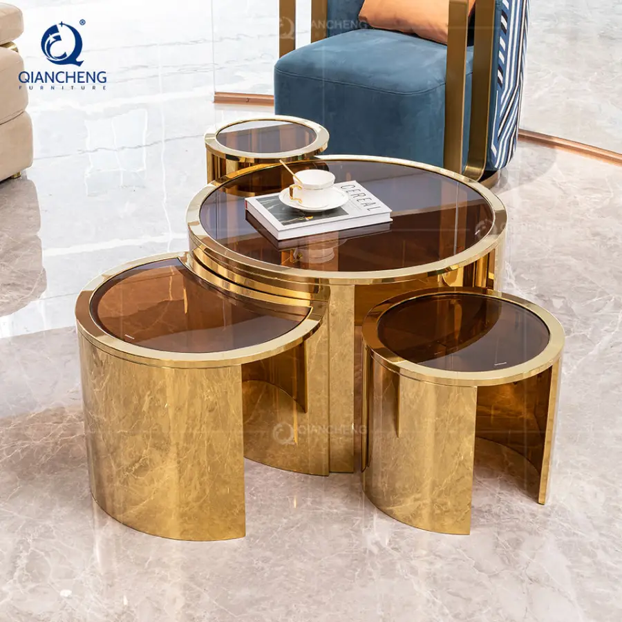 QIANCHENG Stainless Steel Living Room Furniture Supplier Gold Round Nesting Tables Modern Luxury clear Glass Top Coffee Table — image 3