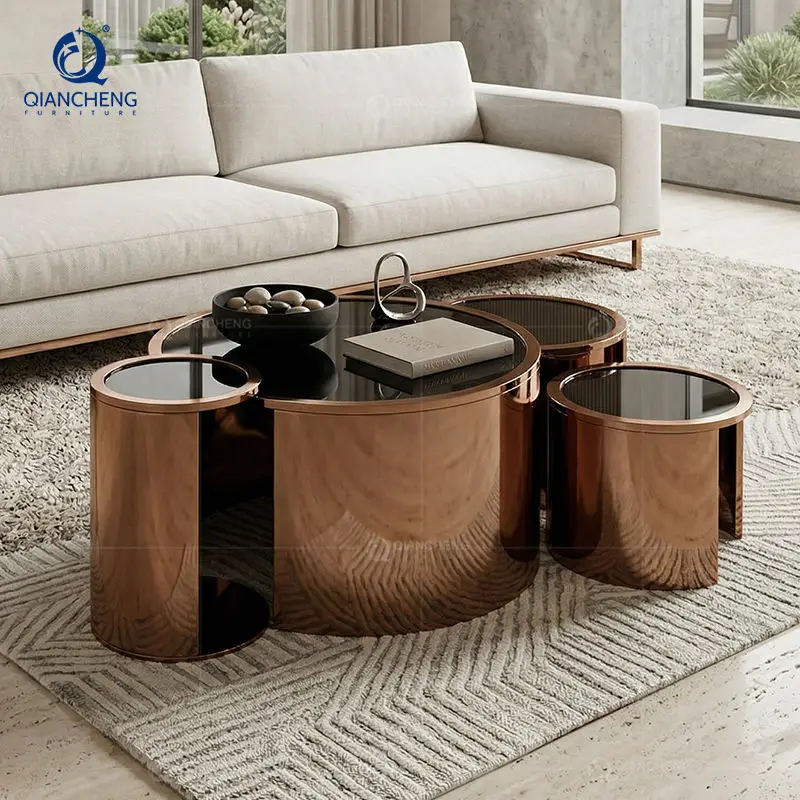 QIANCHENG Stainless Steel Living Room Furniture Supplier Gold Round Nesting Tables Modern Luxury clear Glass Top Coffee Table — image 4