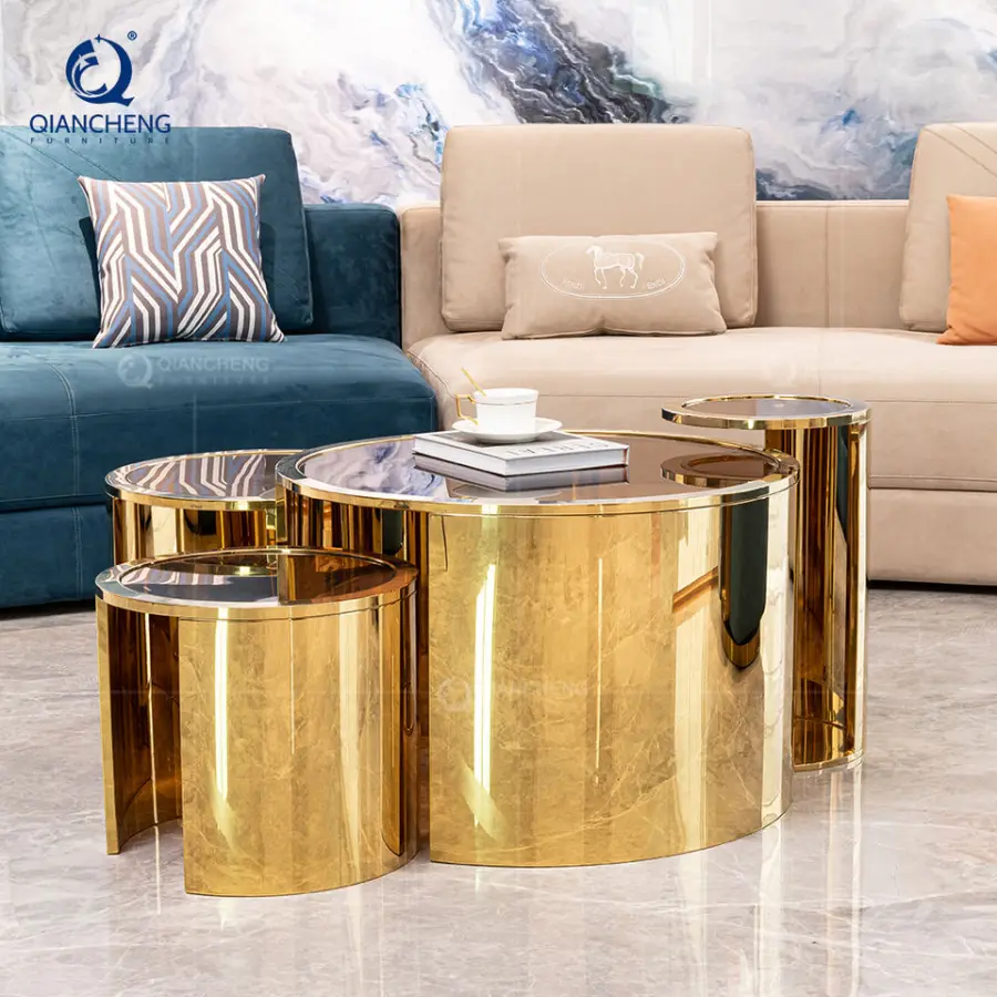 QIANCHENG Stainless Steel Living Room Furniture Supplier Gold Round Nesting Tables Modern Luxury clear Glass Top Coffee Table — image 5