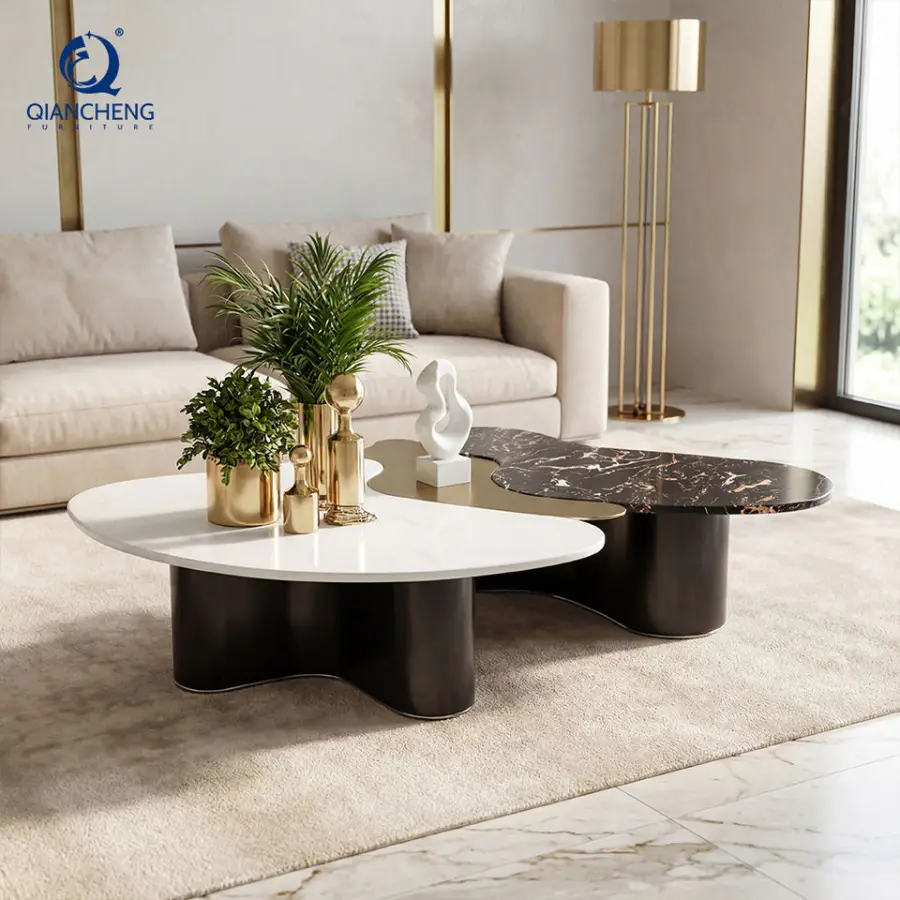 OEM ODM High-end Living Room Natural Marble Coffee Table Irregular Top Stainless Steel Base Center Table Set for Hotel F — view 1