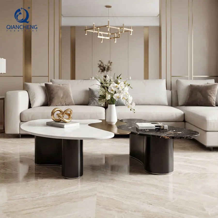 OEM ODM High-end Living Room Natural Marble Coffee Table Irregular Top Stainless Steel Base Center Table Set for Hotel Furniture — image 3