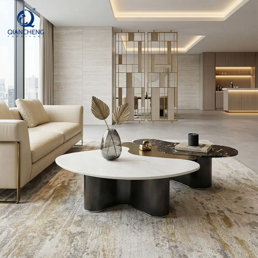 OEM ODM High-end Living Room Natural Marble Coffee Table Irregular Top Stainless Steel Base Center Table Set for Hotel Furniture — image 4