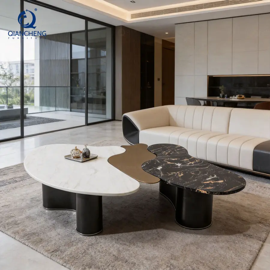OEM ODM High-end Living Room Natural Marble Coffee Table Irregular Top Stainless Steel Base Center Table Set for Hotel Furniture — image 5