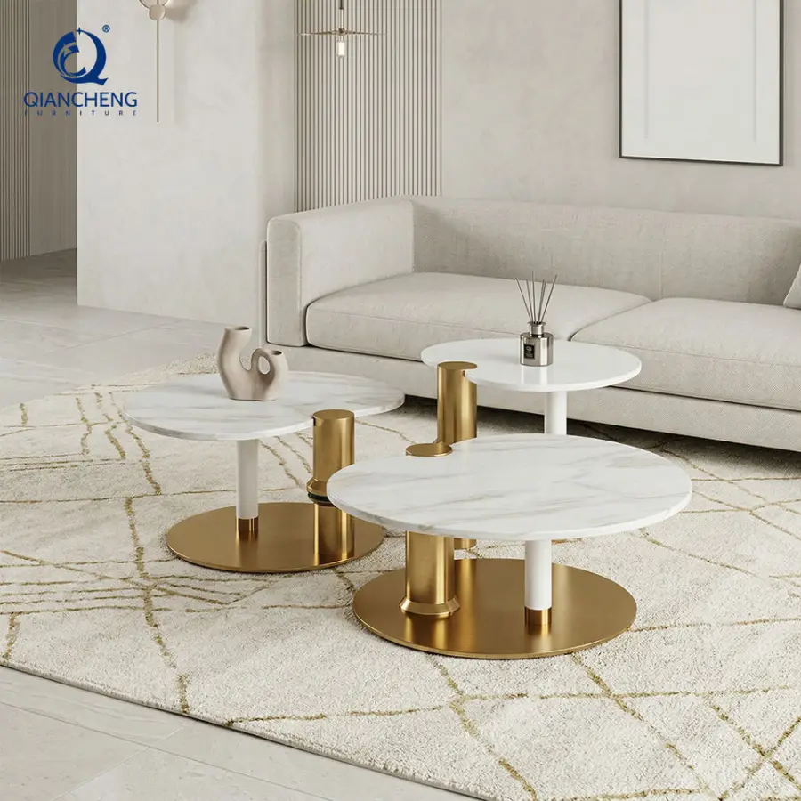 Modern Coffee Table with End Tables New Design Italian Metal Frame Marble Coffee Table 3pcs Nesting Tea Side Table — image 3