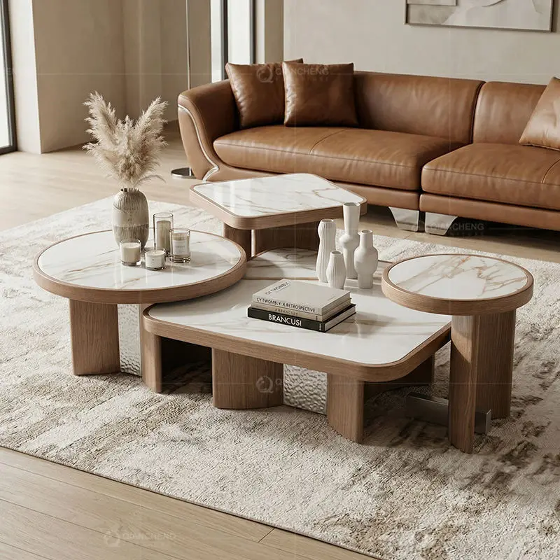 Wholesale Unique Nordic Design Sofa Coffee Table 4 Piece Combination Hotel Full Stainless Steel Wood Grain Side Center T — view 1