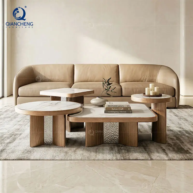 Wholesale Unique Nordic Design Sofa Coffee Table 4 Piece Combination Hotel Full Stainless Steel Wood Grain Side Center Table Set — image 3