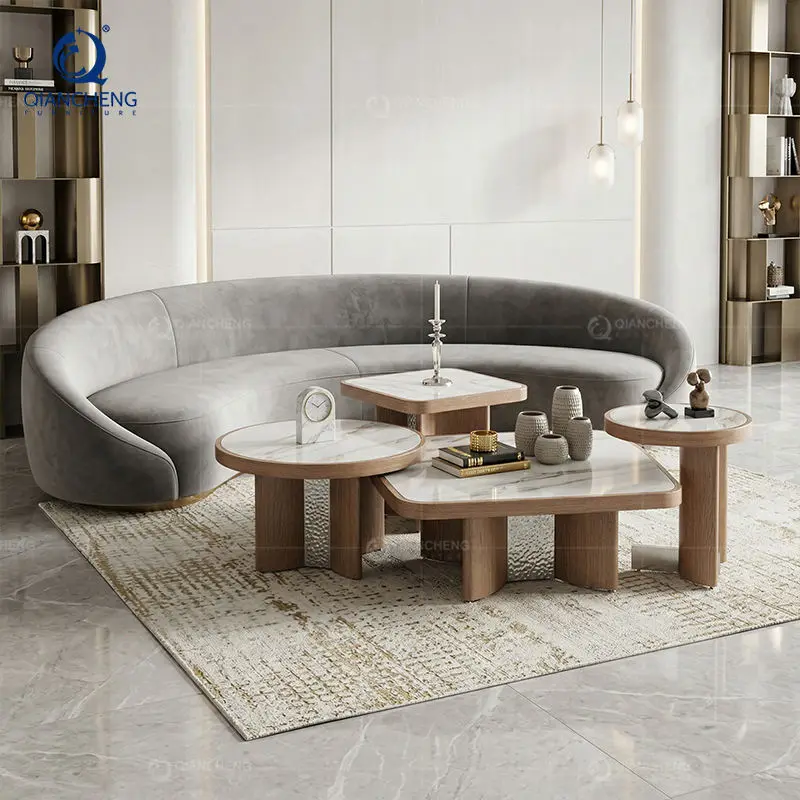 Wholesale Unique Nordic Design Sofa Coffee Table 4 Piece Combination Hotel Full Stainless Steel Wood Grain Side Center Table Set — image 4