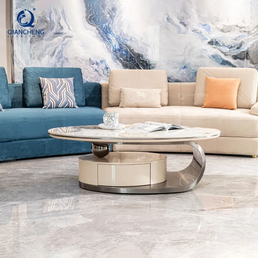 QIANCHENG Luxury Home Commercial Foshan Furniture Supplier White Artifical Marble Mdf Wood Storage Coffee Table Set — view 1