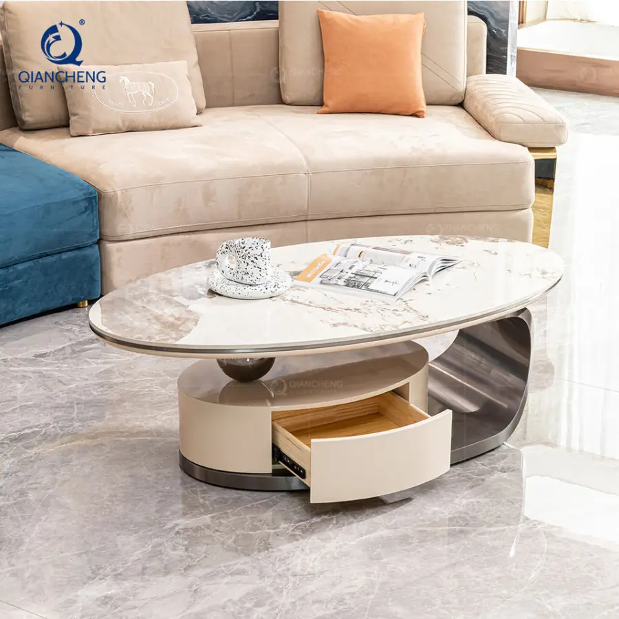 QIANCHENG Luxury Home Commercial Foshan Furniture Supplier White Artifical Marble Mdf Wood Storage Coffee Table Set — image 4