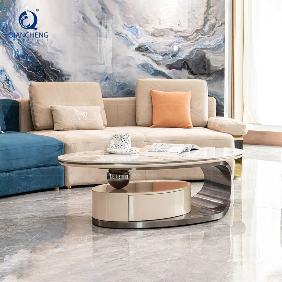 QIANCHENG Luxury Home Commercial Foshan Furniture Supplier White Artifical Marble Mdf Wood Storage Coffee Table Set — image 5