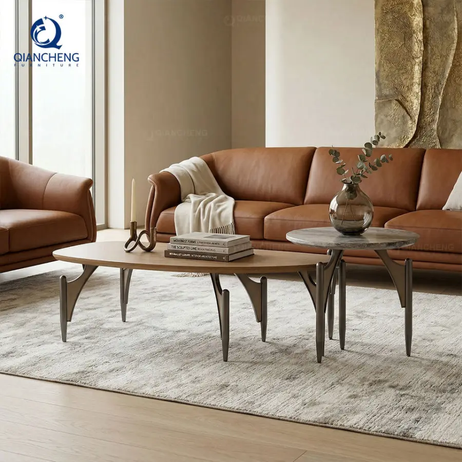 QIANCHENG Customized Italian List Luxury Unique Coffee Table Combination Luxury Wood New Design Living Room Table Set — image 4